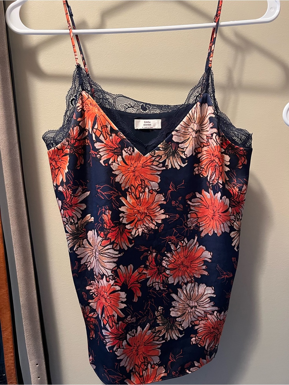 Little Moon Navy Floral Lace-Trim Cami with Coral & Blush Blooms